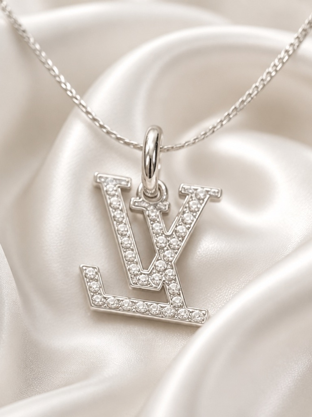 Upcycled LV Silver Crystal Monogram Pendant Necklace